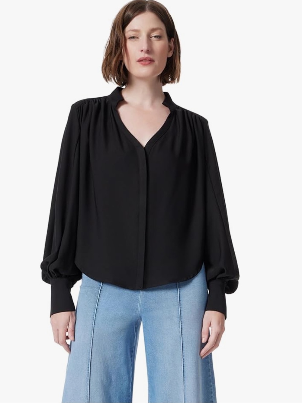 De Ocleppo Women's Sandwashed Black V-Neck Balloon Sleeve Button Up Shirt Size S